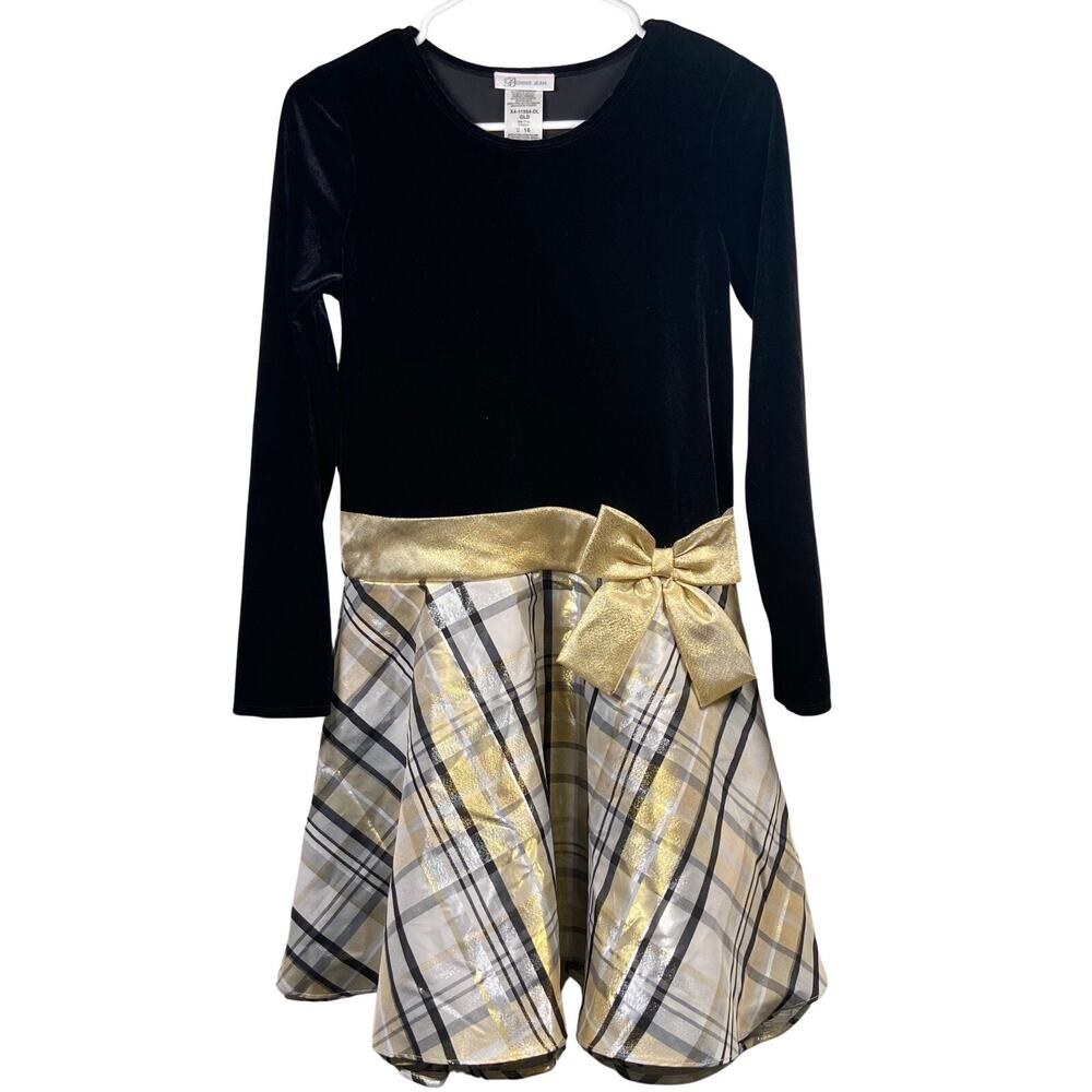 MSRP $68 Bonnie Jean Girls Velvet Plaid Drop-Waist Dress Black Gold Size 16 NWOT